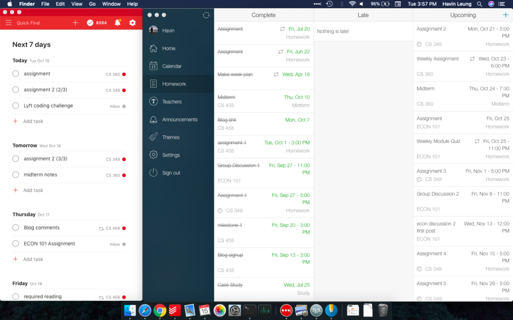 Screenshot of my Todoist and MyHomework apps